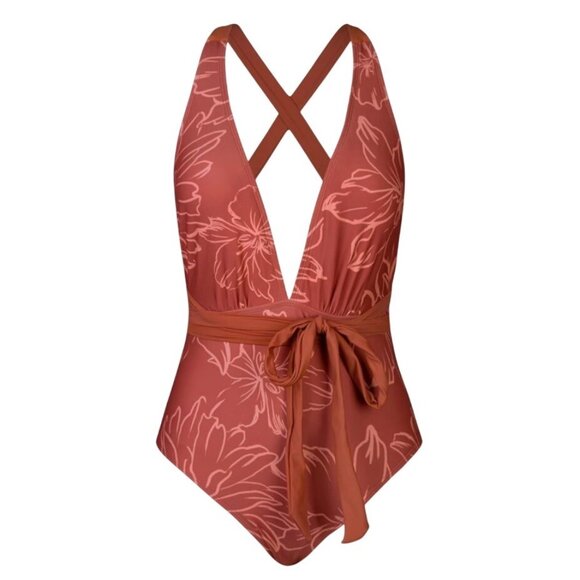 Cupshe Women’s XL One Piece Swimsuit Red Floral Deep V Neck Crisscross Tie Waist - Picture 4 of 8